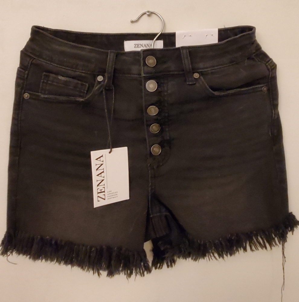 Zenana Black Distressed Fringe Shorts
